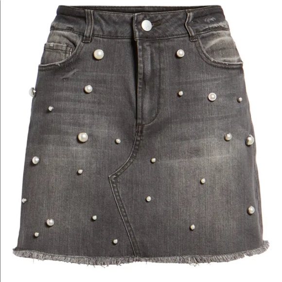 TINSEL Imitation Pearl Embellished Denim Skirt - Picture 6 of 11